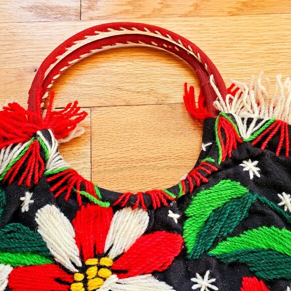 Handcrafted Madeira Portugal Floral Embroidered Crewel Wool Tote Handbag Purse - Picture 6 of 15